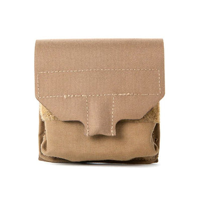 Tan fabric pouch on a white background