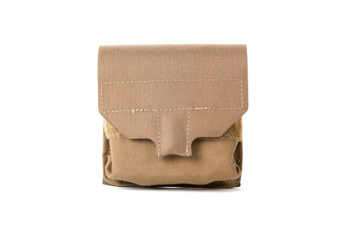 Tan fabric pouch on a white background